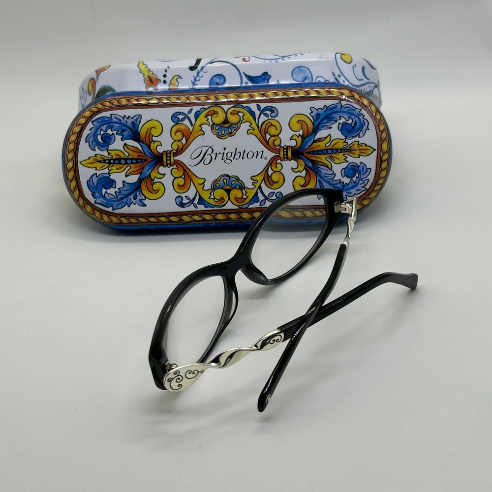 Brighton Twirl Black Oval Eyeglass Frames Silver Twisted Scroll Temple with Case